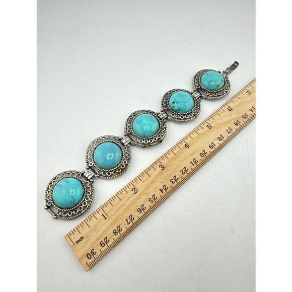 Vintage Faux Turquoise Jewelry Set Oval Filigree Bracelet with Matching Earrings - Picture 1 of 4
